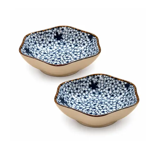 Kit 2 Mini Bowls Molheiras Hexagonais Cerâmica Floral Azul 100ml