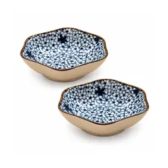 Kit 2 Mini Bowls Molheiras Hexagonais Cerâmica Floral Azul 100ml