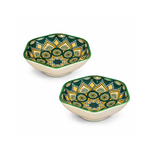 Kit 2 Mini Bowls Molheiras Hexagonais Cerâmica Verde Amarelo 100ml